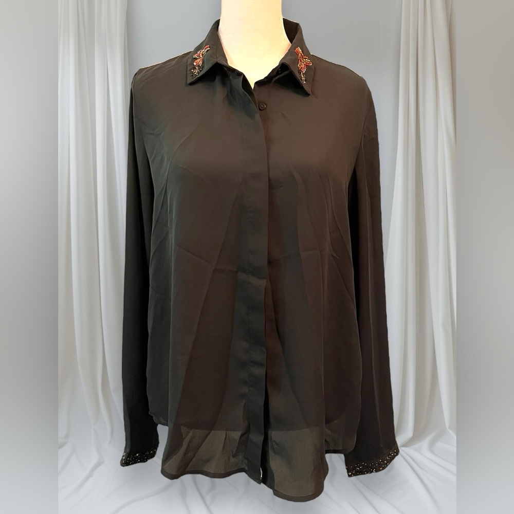 Zara, Elegant Classy sheer Green button up shirt Beaded embellishments d…